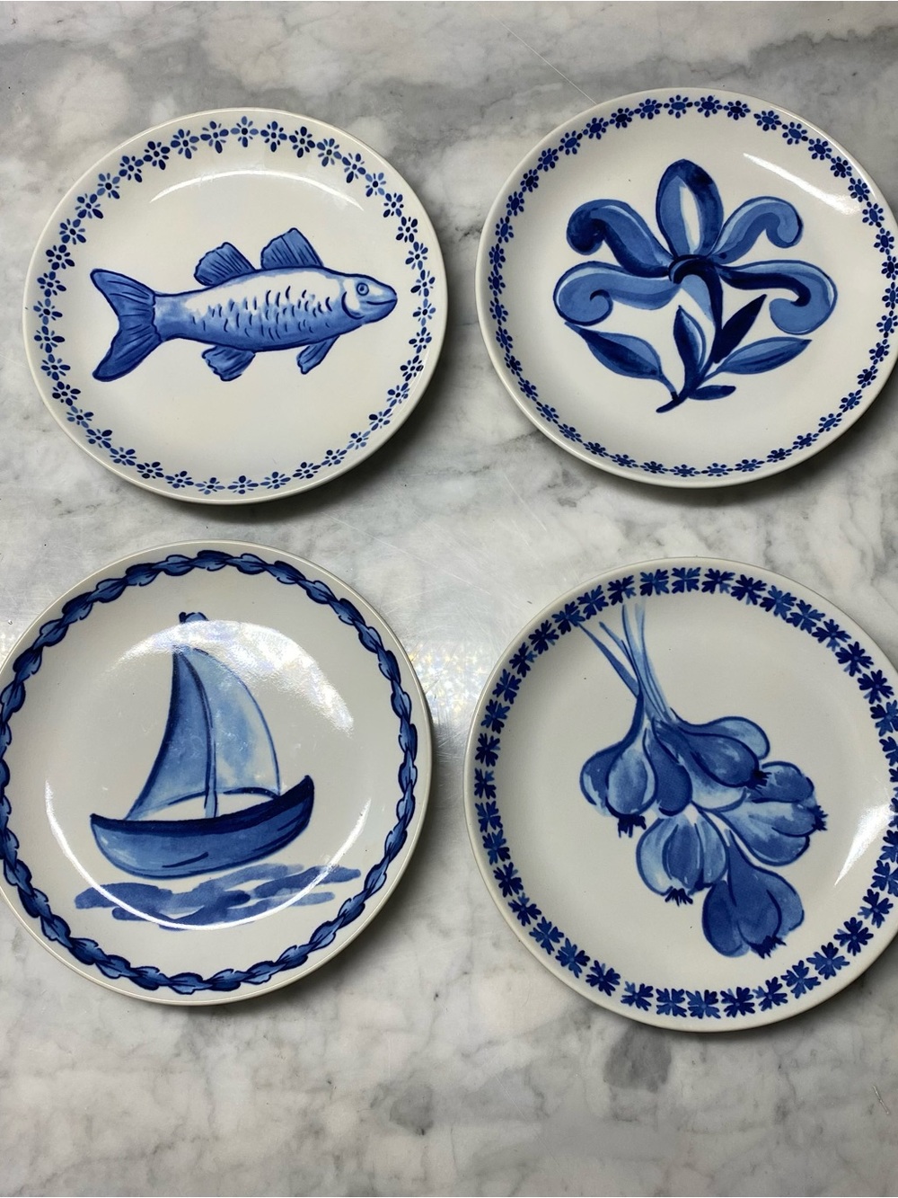 4 William Sonoma Appetizer Plates 6.5” Blue And White Various Designs